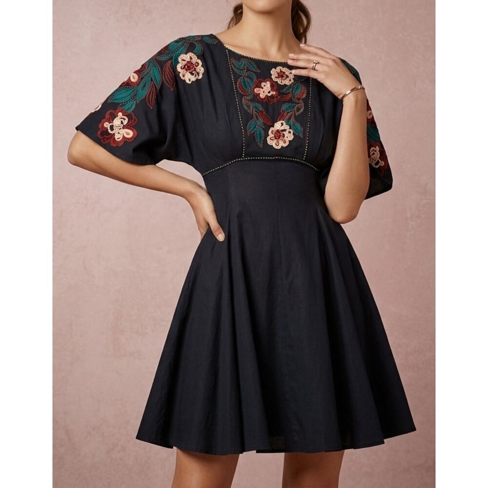 Feather Bone Embroidered Mini Dress Women’s SP Black Floral Boho Dress